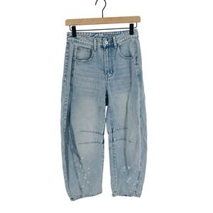 Light Wash Paint Splatter Barrel Jeans XS Ankle Streetwear Baggy High Rise